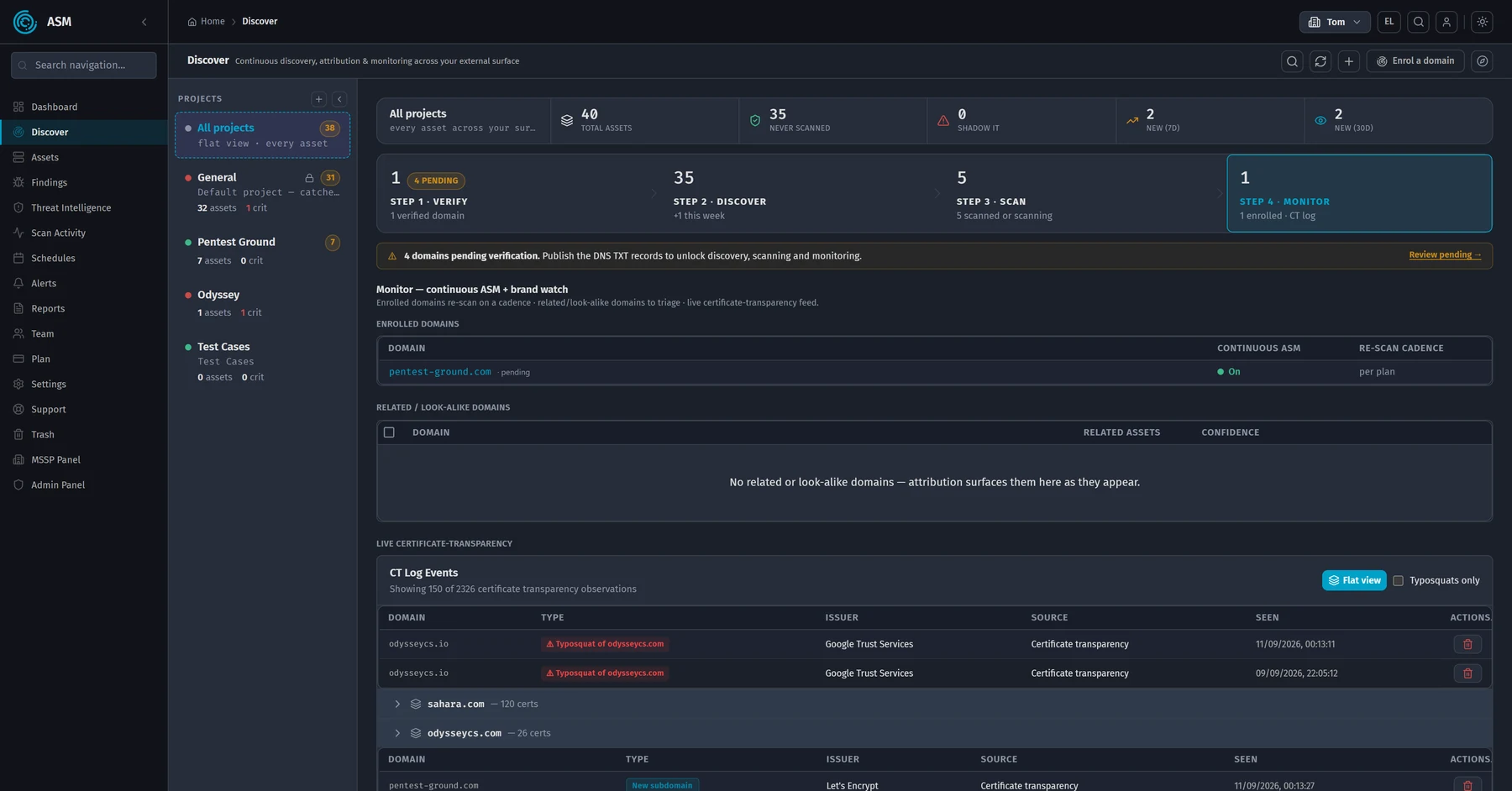 ClearSkies ASM Discover view: the verify, discover, scan and monitor pipeline, enrolled domains, and live certificate-transparency events including a flagged typosquat